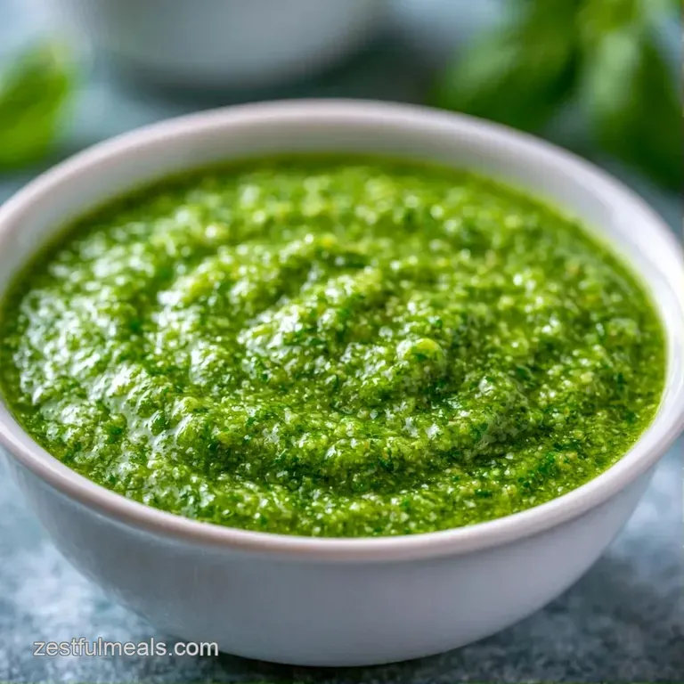 Bright green blended sauce in a minimalist white bowl, topped with a cilantro leaf on a clean marble backdrop.