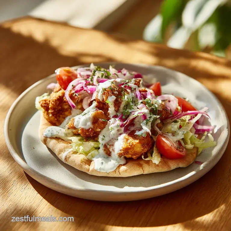 Warm chicken pita pockets overflowing with colorful fillings and a drizzle of creamy dressing.
