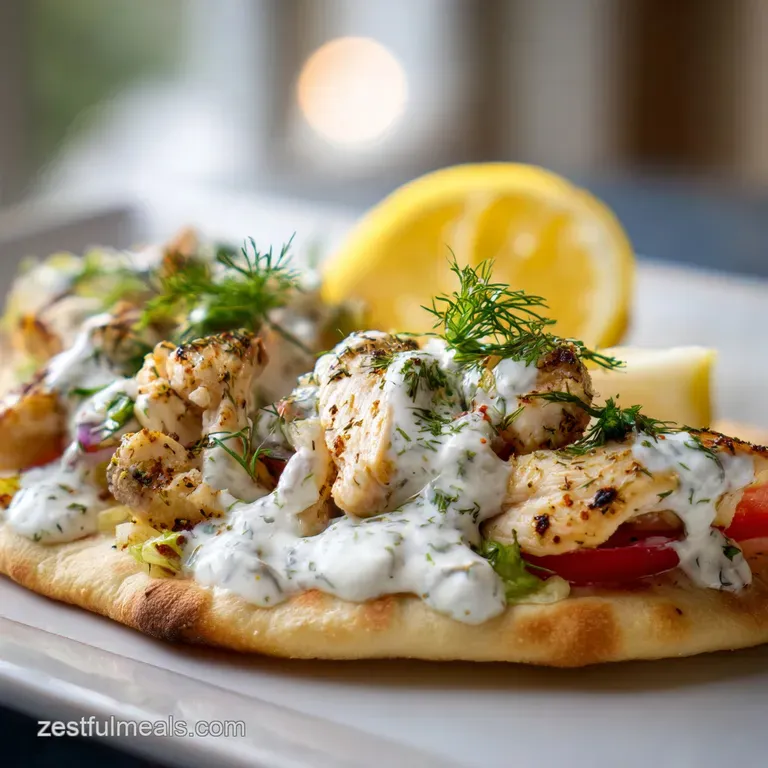 A rustic yet inviting platter of tender chicken and fluffy pita, glistening under a drizzle of ranch.
