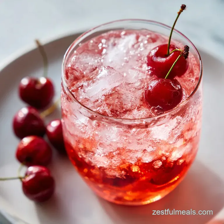 Tall glass of fizzy pink Shirley Temple punch, adorned with vibrant orange slices and glossy red cherries on a swirly straw.