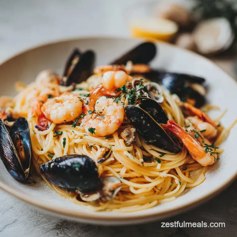 A glistening mound of shellfish in creamy sauce, artfully arranged on a white plate with a parsley sprig garnish.