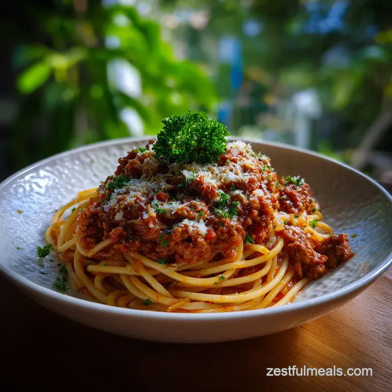 Elegant plate with swirls of spaghetti, glossy sauce, and a dusting of Parmesan cheese, offering a warm and inviting look.