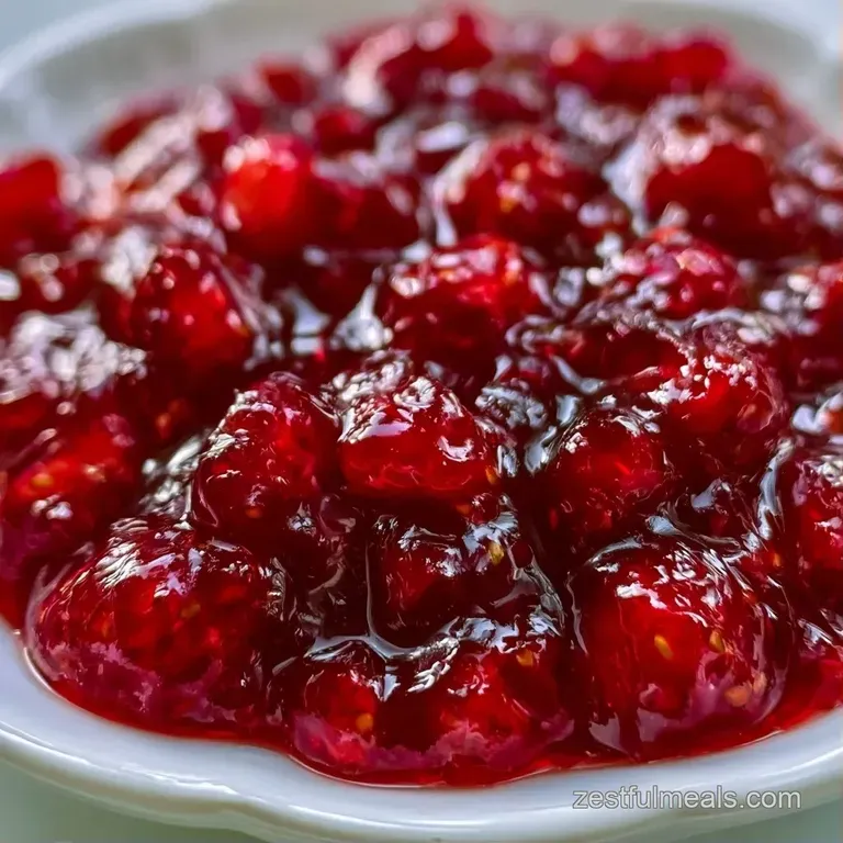 A white ceramic plate featuring a golden toasted baguette slice topped with a glossy swirl of red fruit preserve.