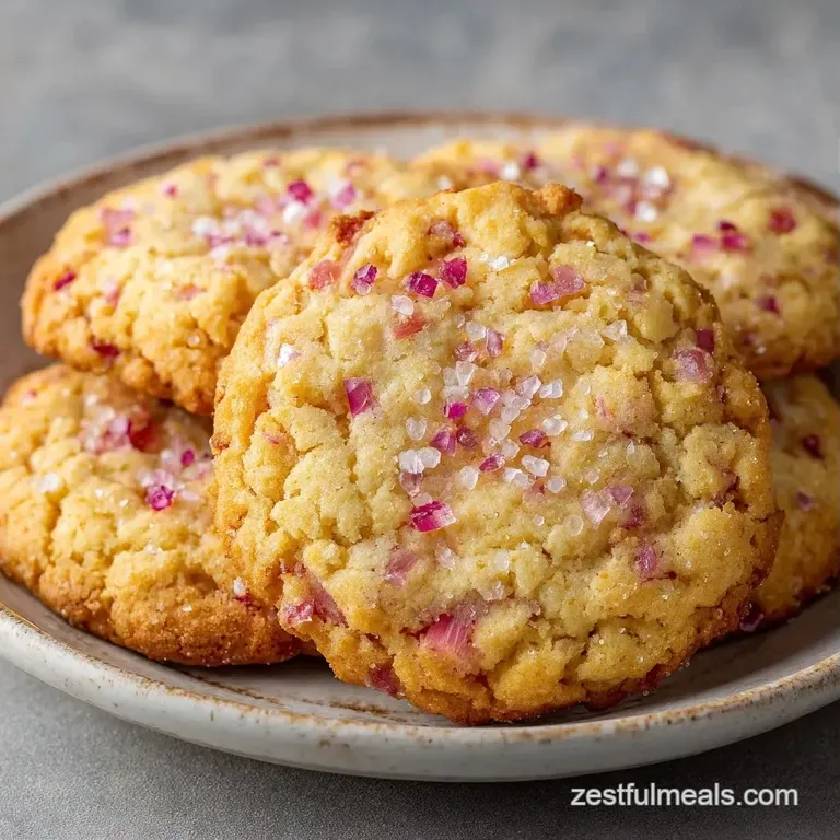 A stack of soft, pale gold cookies with ruby-red fruit bits on a white ceramic plate beside a linen napkin