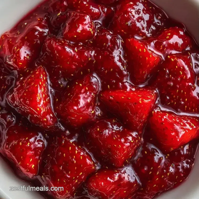 A dollop of shimmering red fruit preserve on a buttery toasted baguette slice, set atop a white marble slab.