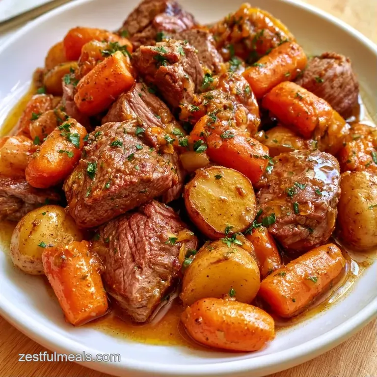 Sliced, juicy beef medallions layered with glazed orange carrots and fresh parsley on a minimalist white plate.