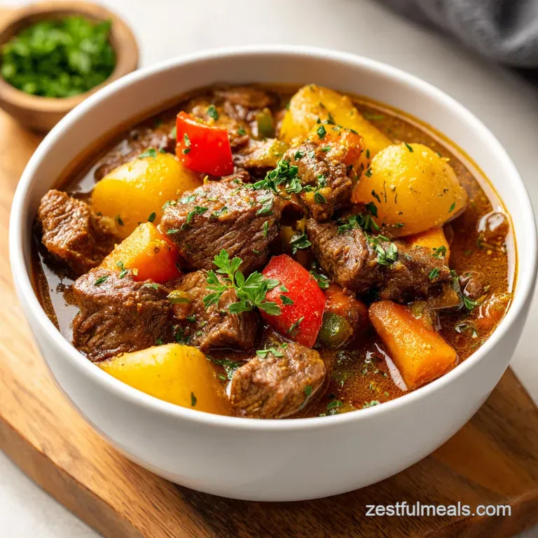 A steaming bowl of hearty beef stew, showcasing succulent meat, bright carrots, and fluffy potatoes, presented elegantly.