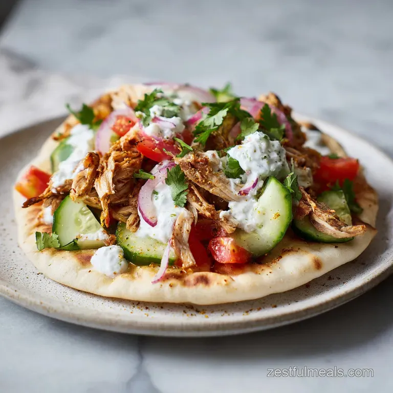 Tender, herb-flecked chicken slices artfully arranged with crisp lettuce, juicy tomatoes, and creamy yogurt sauce.