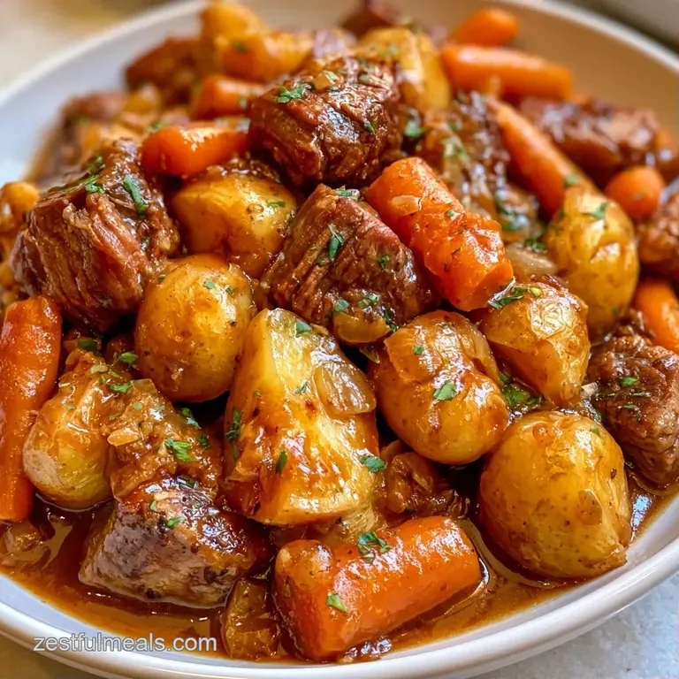 Slices of tender beef smothered in rich brown gravy, paired with colorful roasted carrots on a white ceramic plate.