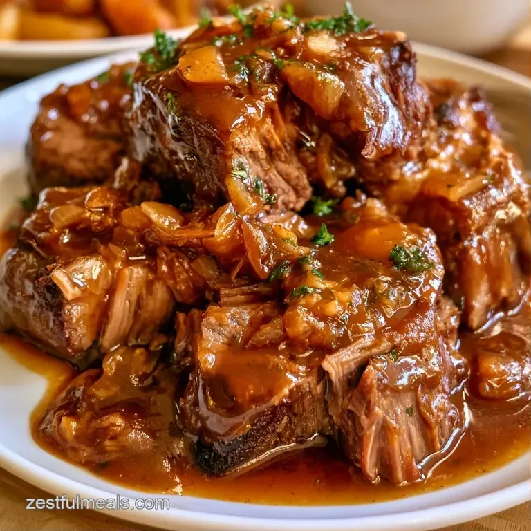 Shredded beef on a white platter with a glossy dark gravy and a sprinkle of bright green chopped parsley.