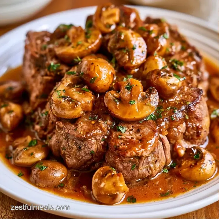 Sliced medium-rare roast beef resting on creamy mashed potatoes, drizzled with glossy sauce and fresh thyme sprigs.
