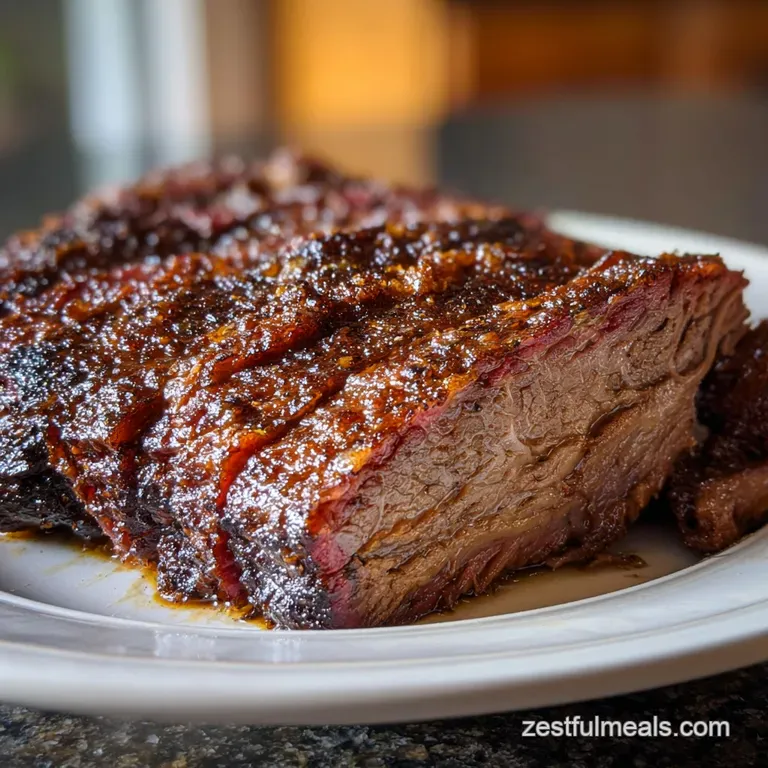 Tender brisket slices, artfully stacked, showcase a dark bark and a rich, rosy interior. Glistening fat adds irresistible ...