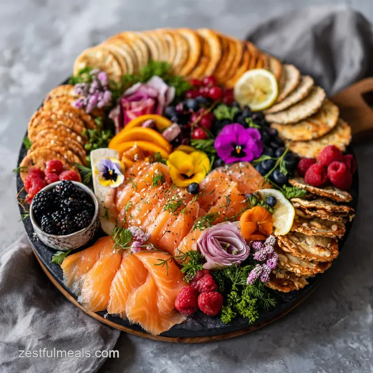 Delicate pink smoked salmon rosettes arranged artfully with crusty bread and capers.