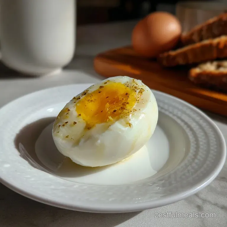 Soft boiled egg cracked open, steam rising from the bright yellow yolk, alongside buttered toast soldiers for dipping.