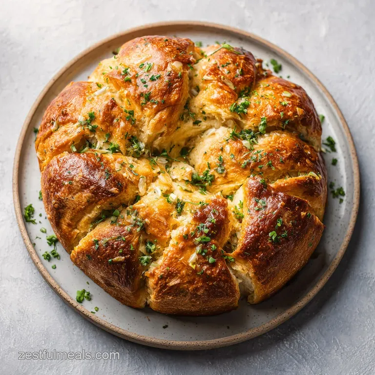 Warm, aromatic garlic pull-apart bread served on a rustic wooden board, invitingly broken apart.