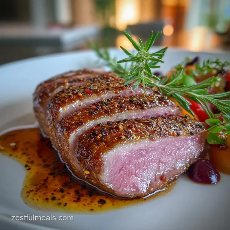 Elegant duck breast plating. Rich brown seared skin, tender pink meat with a vibrant green garnish and dark sauce swirl.