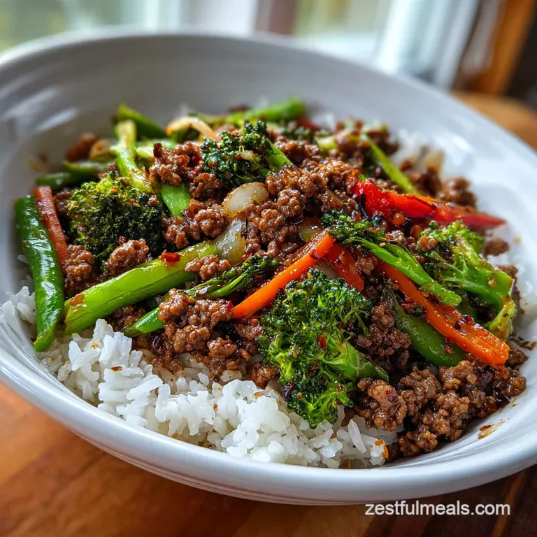 Spicy Ground Beef Stir-Fry Bowl with Garlic Veggies
