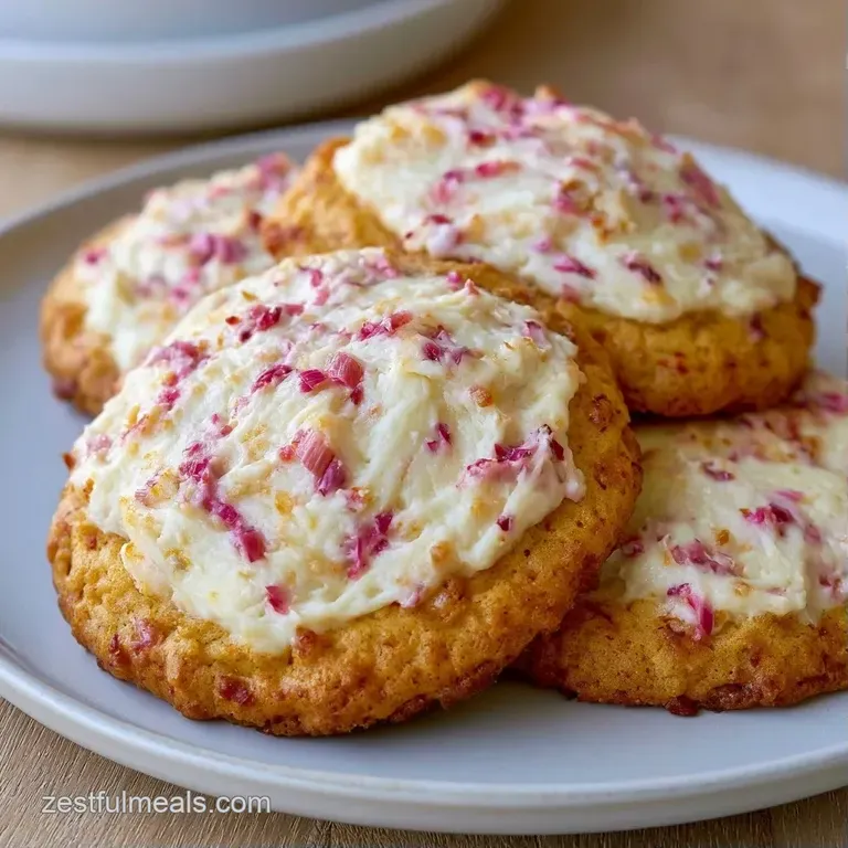 Three pale golden cookies stacked on a white ceramic plate, accented by fresh mint and sliced red rhubarb stalks.