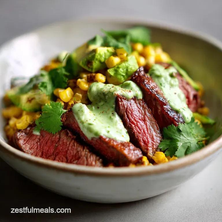 Steak Avocado Roasted Corn Bowl with Cilantro Cream Sauce