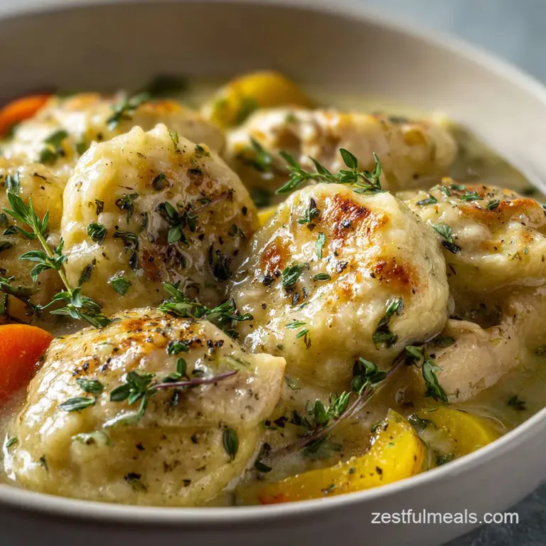 A steaming bowl of chicken and dumplings. Fluffy dumplings, tender chicken and a creamy broth with herbs are the star, inv...