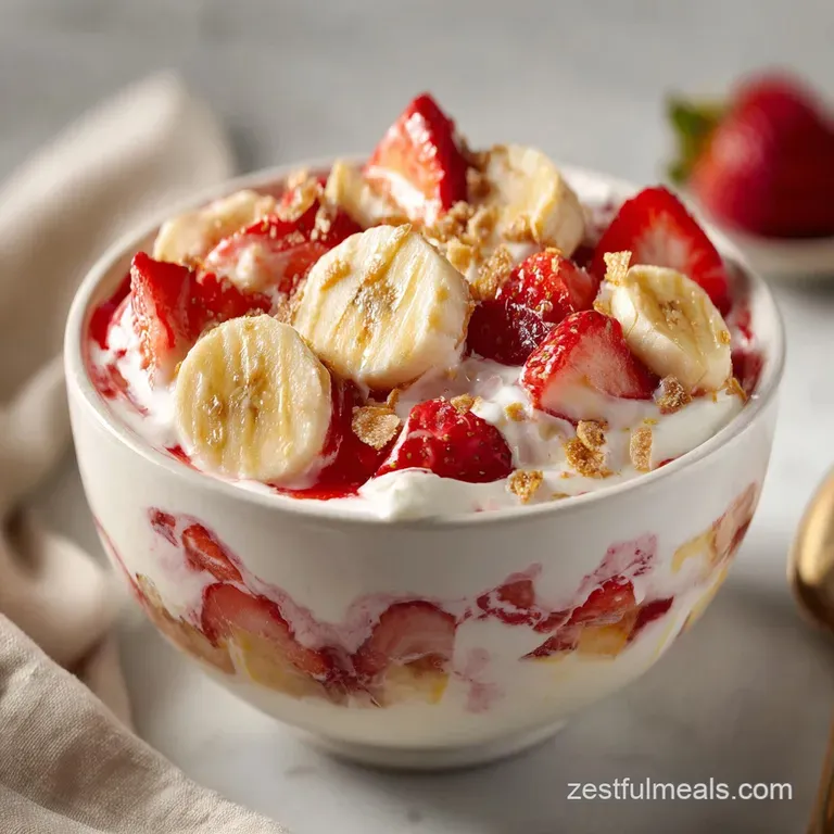 Elegant dessert: Layers of silky vanilla pudding with fresh strawberries and bananas in a stemmed glass, topped with whipp...