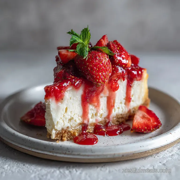 Elegant slice of strawberry cheesecake with whipped cream dollop and a single, glistening strawberry; fork resting beside it.