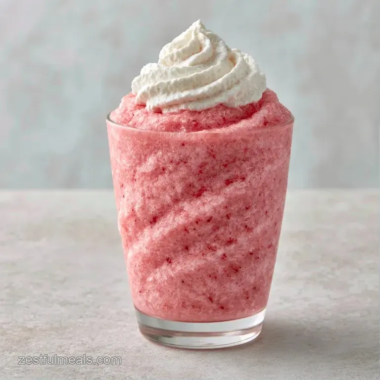 Pastel pink icy drink in a tall crystal glass with a swirl of white cream and a red straw on a white marble table.