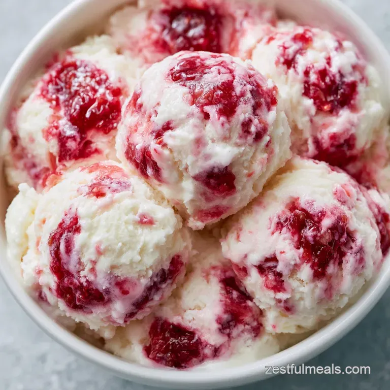 Three scoops of creamy pink frozen dessert topped with a fresh strawberry slice and mint leaf on a white plate.