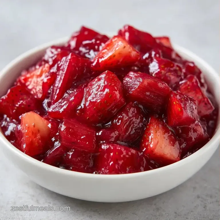 A spoonful of glossy red fruit preserve on golden toasted sourdough bread beside a steaming cup of coffee.