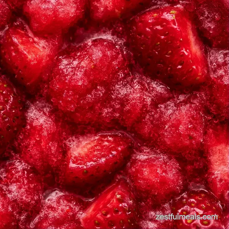 Four frosty glasses of icy red nectar arranged on a white table, garnished with sliced berries and mint sprigs.