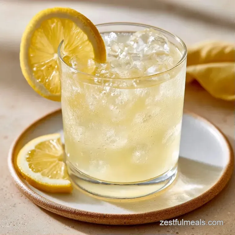 Icy pale yellow drink in a crystal glass, garnished with a mint leaf and lemon slices on a bright white table.