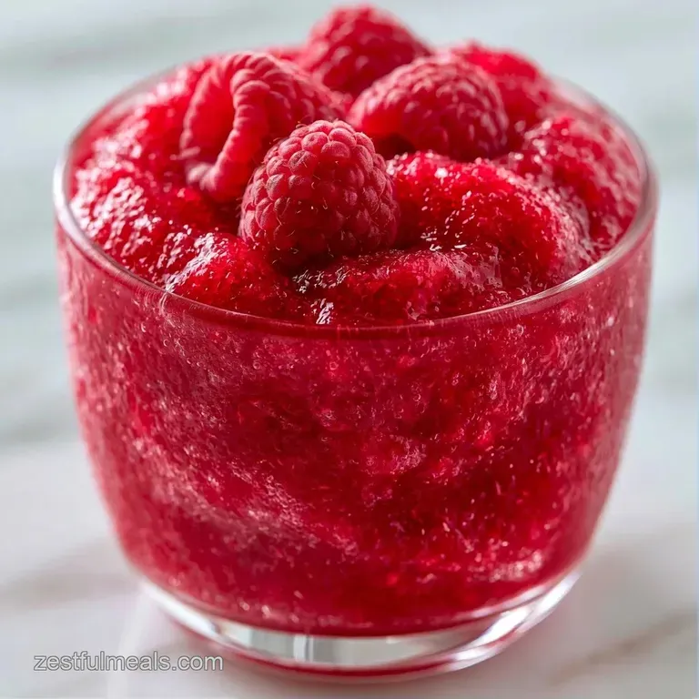 Icy crimson beverage in a chilled glass, topped with whole raspberries and a mint leaf on a white marble surface.