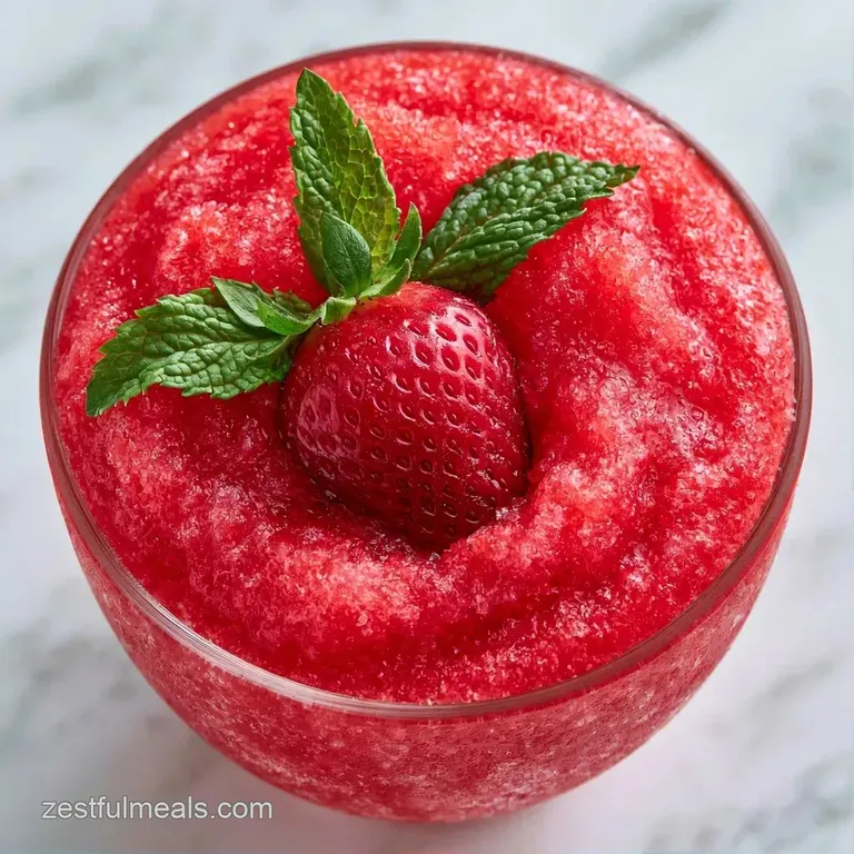 Icy crimson drink in a tall fluted glass with condensation drops, garnished with a mint leaf and sliced berries.