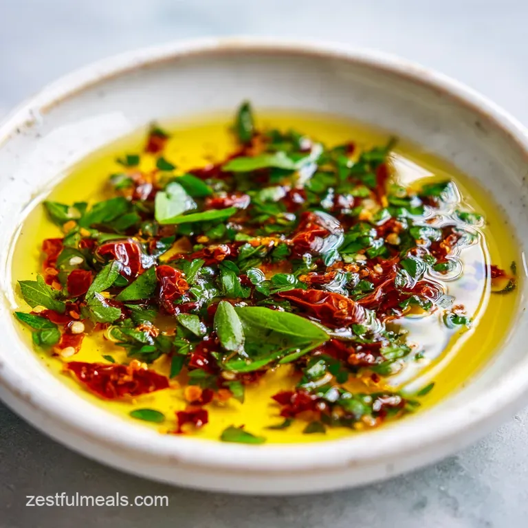 Elegant swirl of sun-dried tomato dip on a white plate, garnished with fresh herbs and a drizzle of golden olive oil.