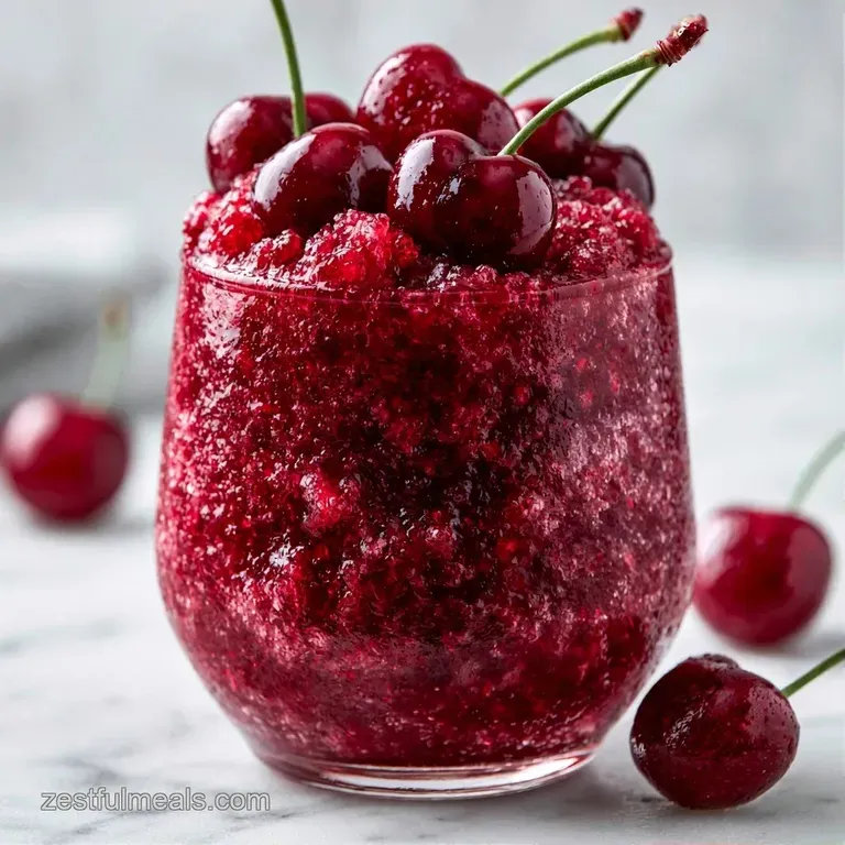 Deep crimson icy drink served in a chilled glass with a striped straw and a sprig of mint on a white marble surface.