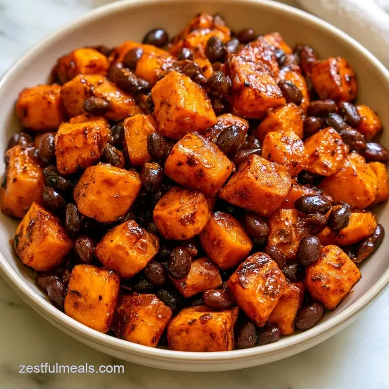 Neatly arranged roasted orange potato cubes and earthy black beans topped with fresh cilantro on a white plate.