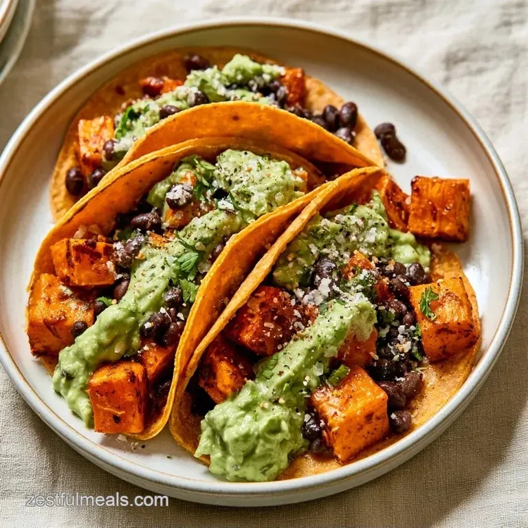 Three colorful tacos arranged on a slate platter with fresh lime wedges and swirls of bright green herb crema.
