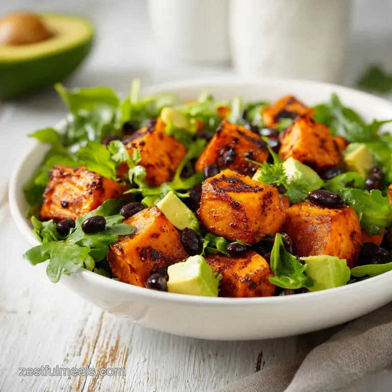 Vibrant bowl featuring charred sweet potatoes, golden corn, and sliced avocado topped with bright fresh cilantro.
