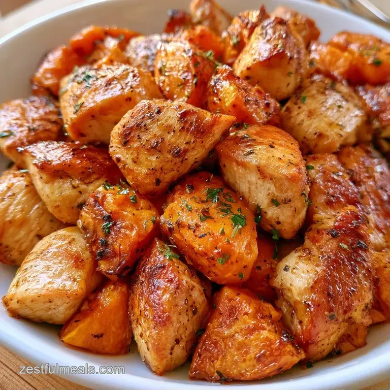 Neatly plated sear-marked chicken breast and roasted sweet potato cubes garnished with bright green parsley sprigs.