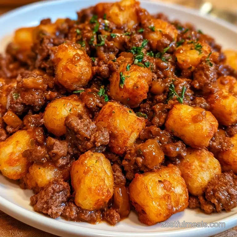 Neatly plated serving of crispy golden potato nuggets over a creamy meat base with a sprinkle of fresh chives.