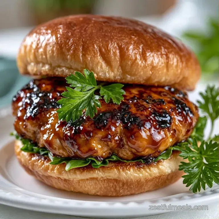 A juicy glazed patty on a toasted bun, served alongside golden fries and a small bowl of tangy dipping sauce.