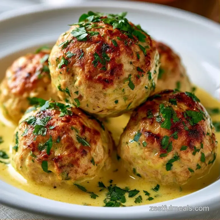 Three seared golden spheres in a shallow white bowl of orange curry, garnished with sliced chilies and lime.