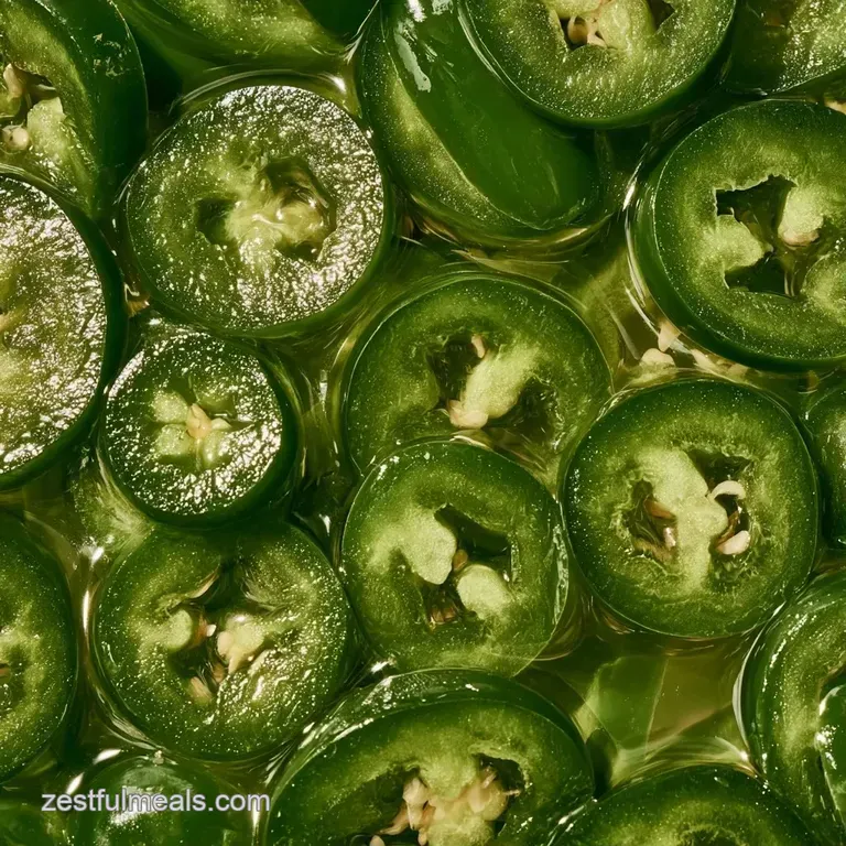 Slices of bright green pickled chilies artfully arranged on a minimalist white plate with a drizzle of clear oil.