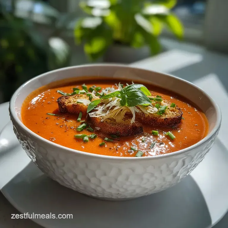 Creamy tomato soup presented in a shallow white bowl, garnished with a swirl of cream and fresh basil for a refined look.