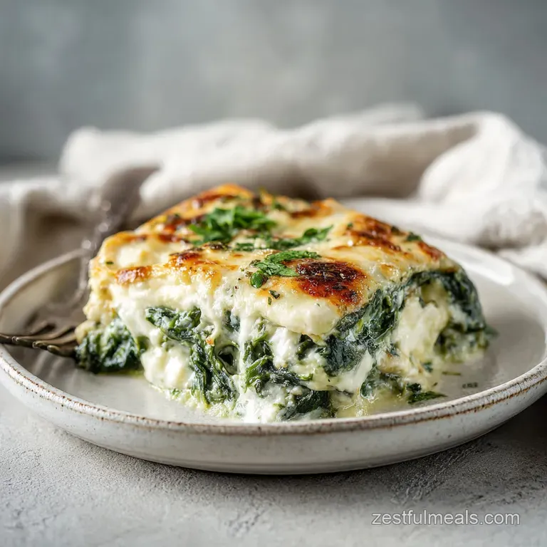 A portion of creamy spinach casserole artfully scooped onto a white plate, garnished with a sprinkle of herbs.