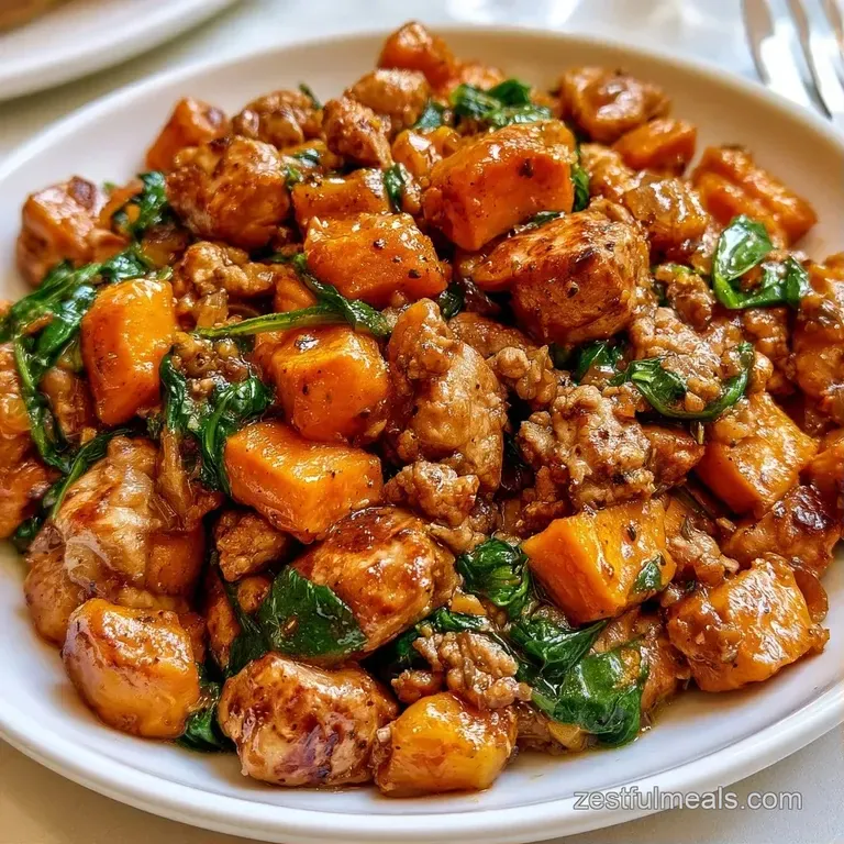 A rustic ceramic bowl filled with golden sweet potatoes and savory browned meat, topped with fresh green parsley.
