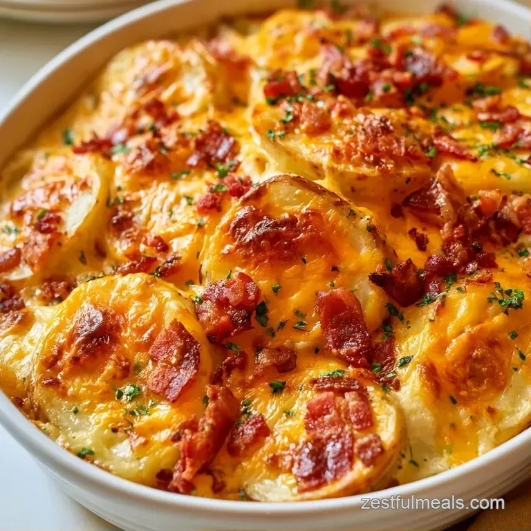 A neat square slice of cheesy potato bake on a white porcelain plate, garnished with fresh green chives and steam.