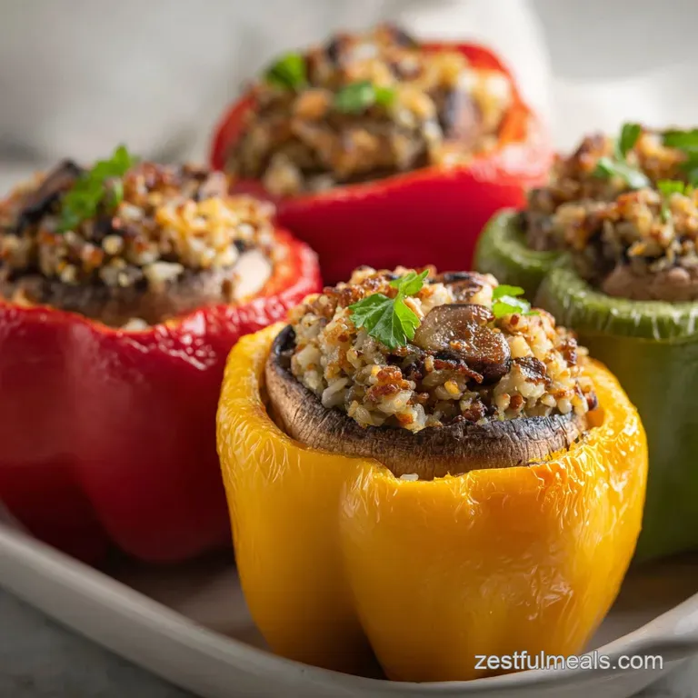 Vibrant red and yellow bell peppers filled with fluffy grains and vegetables, drizzled with a creamy sauce.