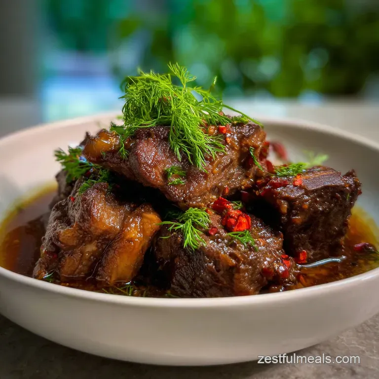 Elegant plate showcasing tender, fall-off-the-bone beef neck bones. Deep red sauce glistens alongside creamy polenta, spri...