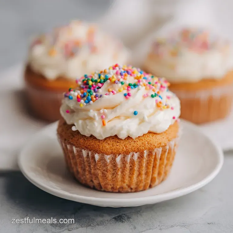 A single vanilla cupcake topped with both pink and blue frosting, nestled on a white plate, colorful sprinkles catching li...